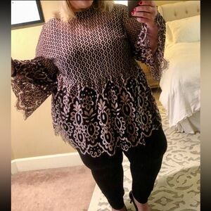 Elegant Black and Pink Lace Tunic Top or Mini Dress
